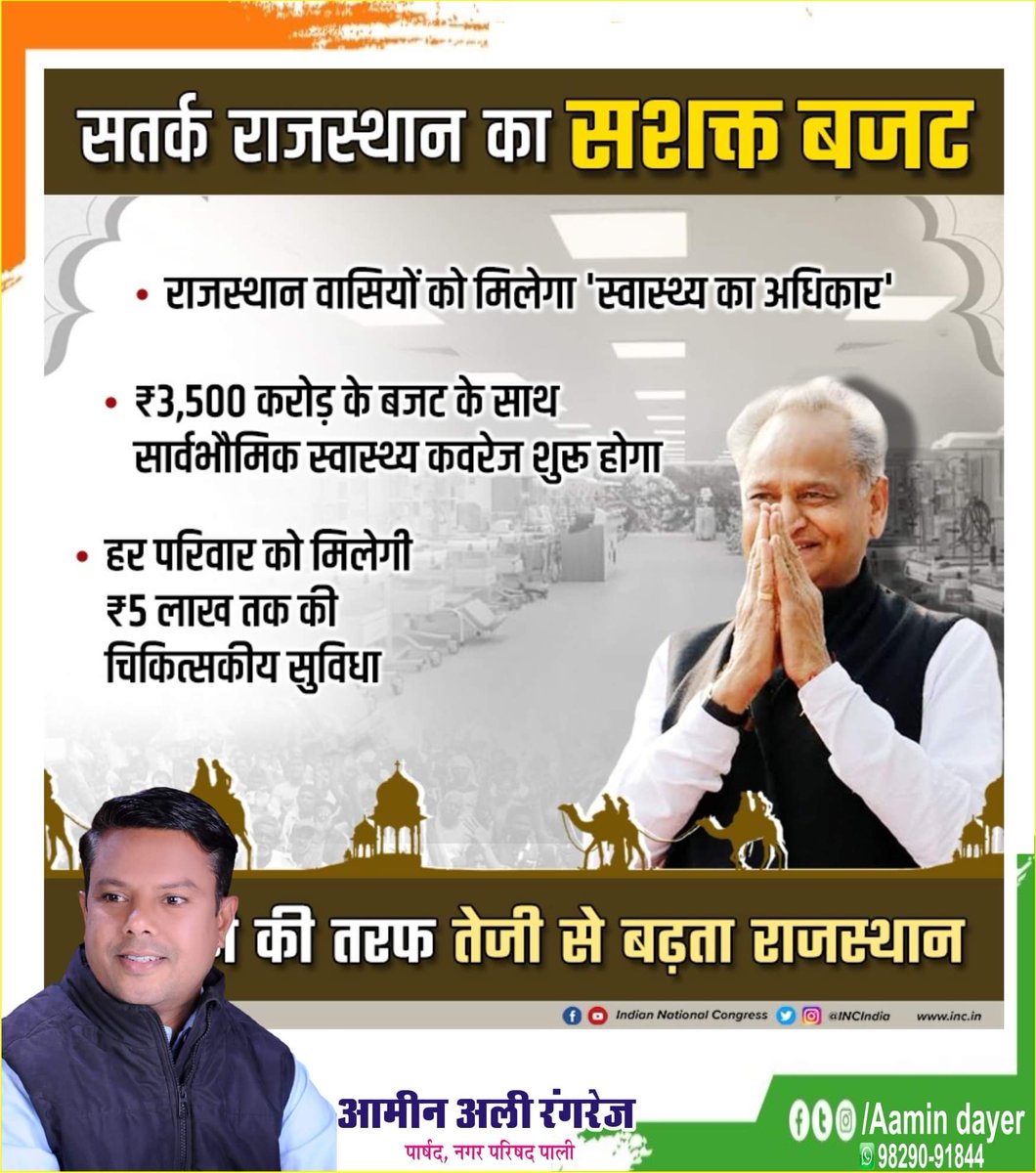 AaminAliDayer's tweet photo. सतर्क राजस्थान का,सशक्त बजट। 
राजस्थान कांग्रेस सरकार लाई है खुशियों का बजट, प्रदेशवासियों के चेहरों पर मुस्कान लायेगा बजट।

राजस्थान कांग्रेस सरकार का किसानों के लिए अलग बजट लाने की घोषणा लायेगी किसानों के जीवन में बदलाव।
#ProgreesWithCongress
@ashokgehlot51 @RajGovOfficial https://t.co/wNNwFbloDT