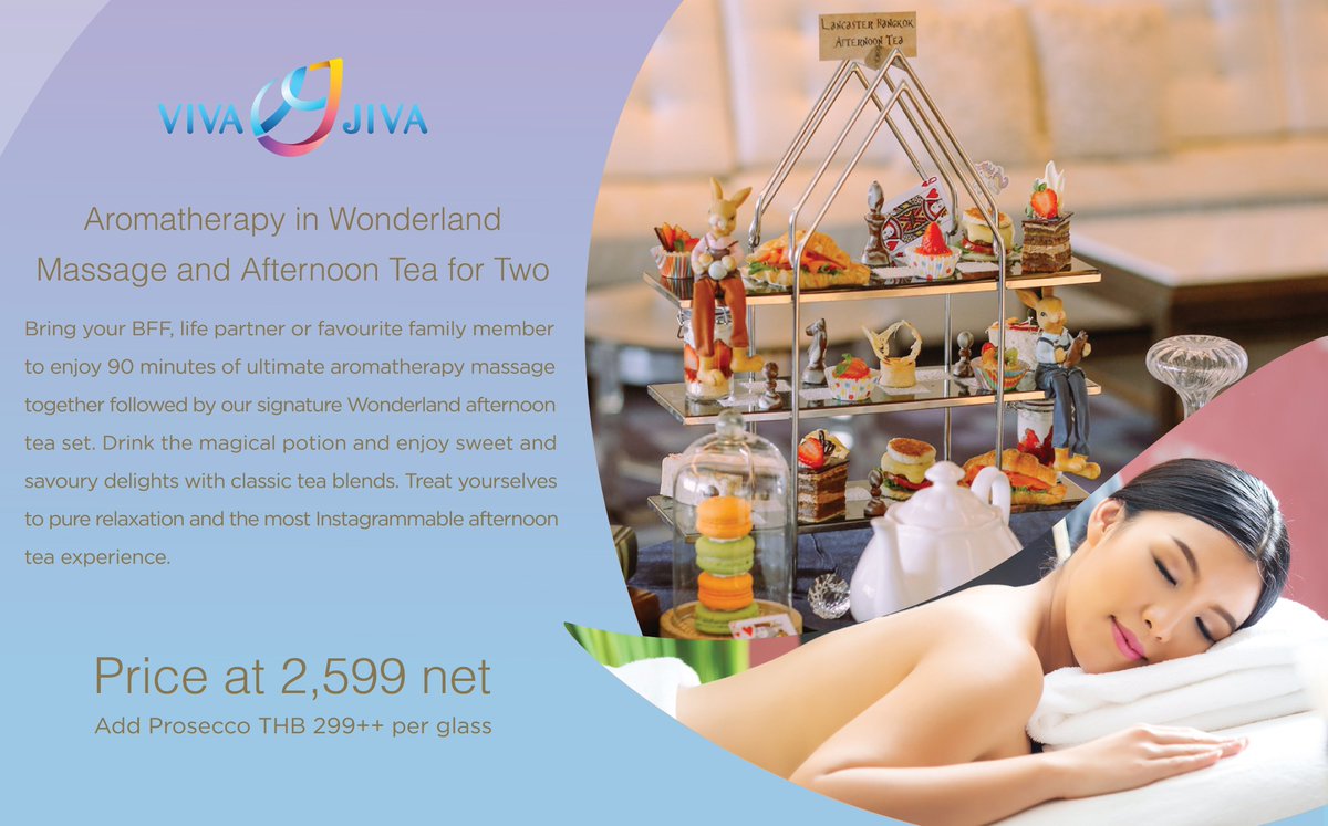 LancasterBkk's tweet photo. Aromatherapy in #Wonderland Massage and #AfternoonTea for Two
Price only at THB 2,599
Enjoy 90 mins of ultimate aromatherapy massage together followed by our signature Wonderland afternoon tea set.
Call 02 262 8000 ext. 8123
vivajiva@lancasterbangkok.com
#lancasterbangkok https://t.co/h2SMYPxyqg