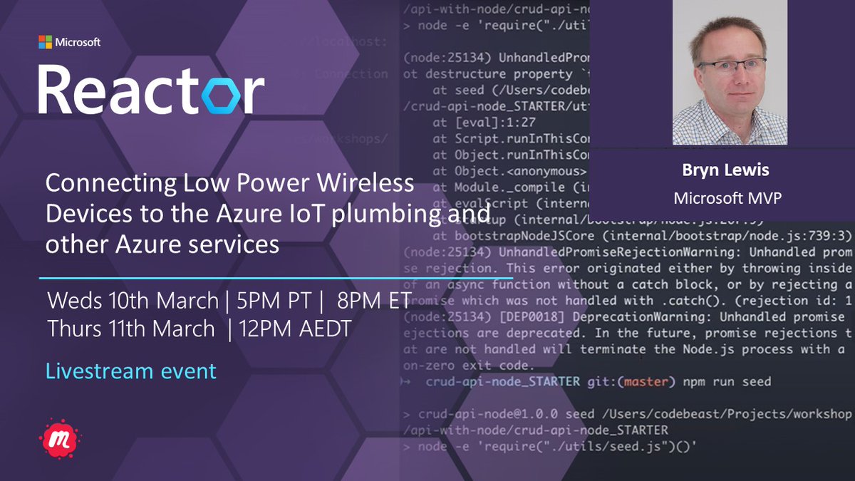 Join us next week <a href="/MSFTReactor/">Microsoft Reactor</a> #Sydney on Thurs 11th March at 12pm AEDT to listen to Bryn Lewis talk. Connect Low Power Wireless Devices to Azure IoT plumbing &amp; other Azure services. 
meetup.com/Microsoft-Reac…