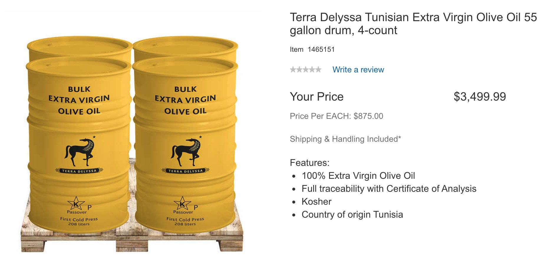 Costco business center Terra Delyssa Bulk Extra Virgin Olive Oil Drums
