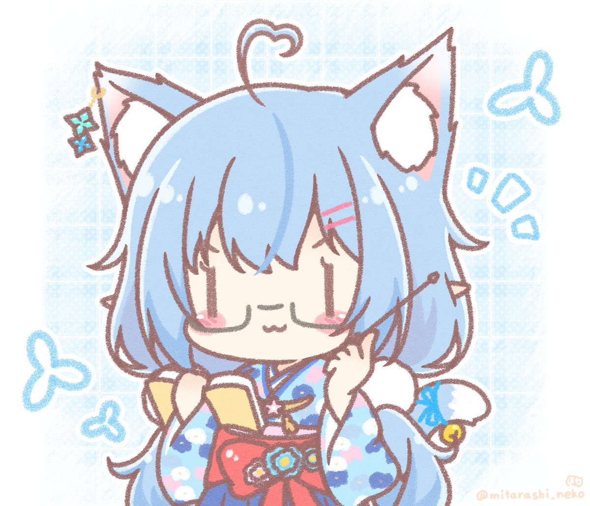 yukihana lamy 1girl solo blue hair cat ears ahoge animal ears japanese clothes  illustration images