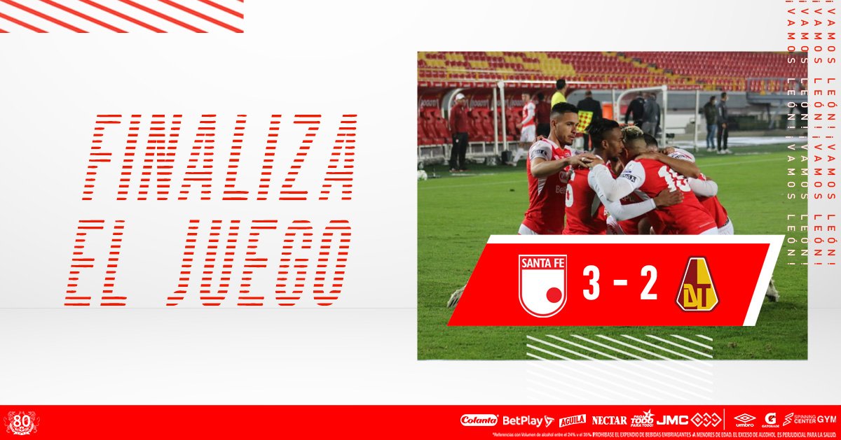 ⏱ 90+3' I ¡FINAL! ¡Victoria del León 🦁 en Bogotá!

Independiente Santa Fe 🇮🇩 3-2 Tolima

#VamosSantaFe 🇮🇩