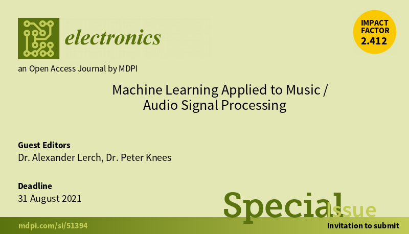 ElectronicsMDPI's tweet image. Special Issue &quot;#MachineLearning Applied to Music/Audio #SignalProcessing&quot; is open for submission! 
👉mdpi.com/journal/electr…
Guest Editor: Alexander Lerch and Peter Knees @GeorgiaTech @peter_knees 

#audioprocessing #datacollection #musicprocessing
