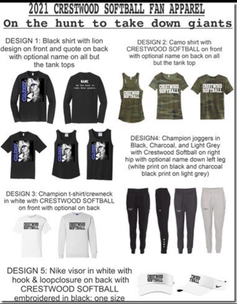 PRE-SEASON SOFTBALL APPAREL FUNDRAISER 🥎 💪🏼🦁

“On the hunt to take down giants”

“Respect all, fear none” 

Order forms due to O’Henrys by April 1st! 

Print your forms here: drive.google.com/drive/folders/…