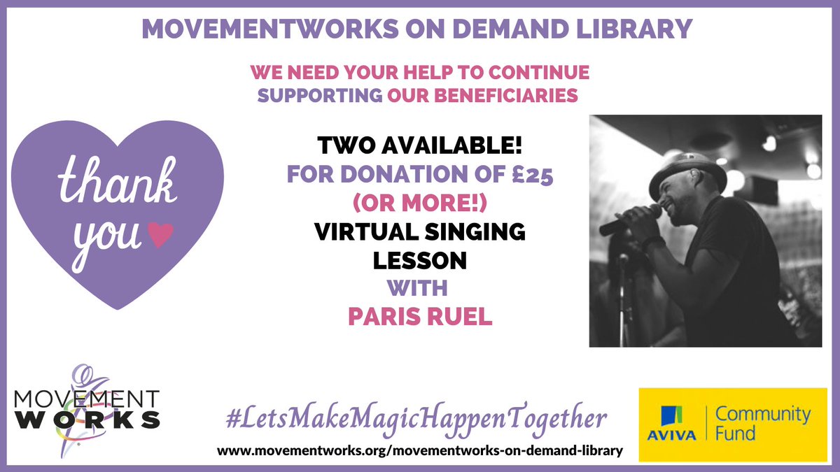 MovementWorksEd's tweet image. #FantasticOpportunity for a virtual #SingingLesson with @ParisRuel - just one of our #SpecialThanks #Rewards for a small #donation to our #MovementWorks #AvivaCommunityFundUK #crowdfunding appeal bit.ly/3qryvk3 #LetsMakeMagicHappenTogether #MakingSweetMusic #GetTunedUp