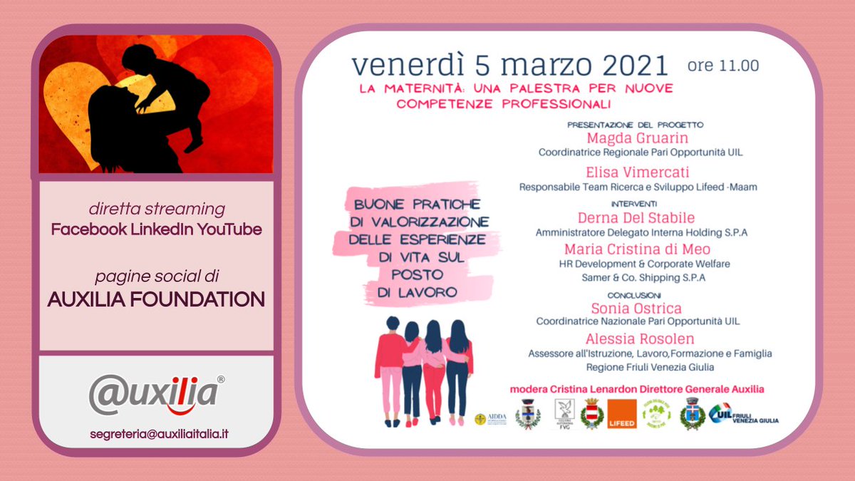 Auxilia OdV (@auxiliaodv) on Twitter photo Tra poco, alle 11.00, webinar sull'intreccio tra soft-skills genitoriali e nuove competenze professionali.
Con <a href="/magdagruarin/">magda gruarin</a> elisa vimercati <a href="/lifebasedvalue/">Lifeed</a> derna del stabile, maria cristina di meo, sonia ostrica, <a href="/alessiarosolen/">alessia rosolen</a>, <a href="/cris_lenardon/">cristina lenardon</a>
Streaming
facebook.com/auxiliafoundat… Tra poco, alle 11.00, webinar sull'intreccio tra soft-skills genitoriali e nuove competenze professionali.
Con <a href="/magdagruarin/">magda gruarin</a> elisa vimercati <a href="/lifebasedvalue/">Lifeed</a> derna del stabile, maria cristina di meo, sonia ostrica, <a href="/alessiarosolen/">alessia rosolen</a>, <a href="/cris_lenardon/">cristina lenardon</a>
Streaming
facebook.com/auxiliafoundat…