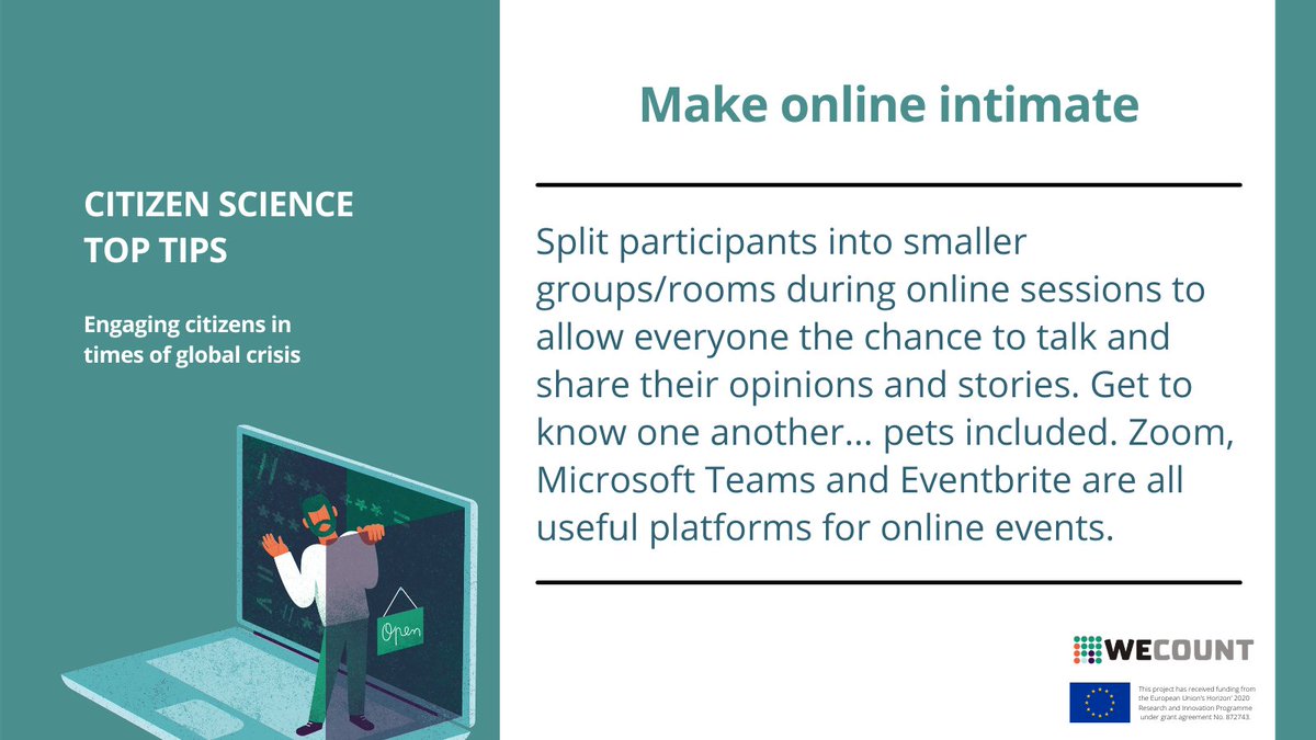 WecountH's tweet photo. How is #CitizenScience adapting to the #covid19 crisis? 🦠
Learn more about @WecountH's online engagement methods during the #pandemic
Could these #CitizenScienceTips help your project?
👇 💡
https://t.co/JkKwWr1UQX https://t.co/7q9jqf0gLw