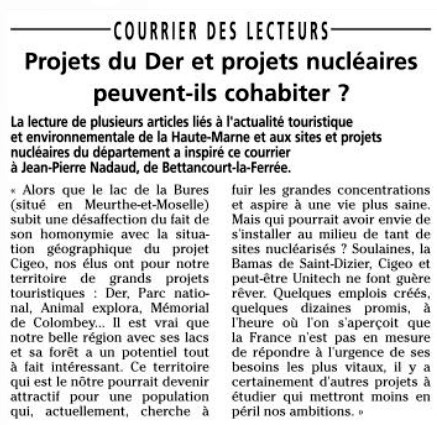 cedra_collectif's tweet photo. Dans ce courrier des lecteurs du @JHauteMarne un habitant du nord de la Haute-Marne s'interroge sur les ambitions contradictoires des élu-es du département : concilier #nucléaire et développement touristique, est-ce possible ? #Cigéo #Bure #Unitech #Bamas https://t.co/iqORDYsoU3