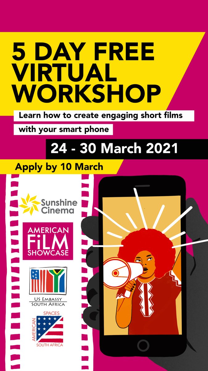 SunshineCinema's tweet photo. APPLY NOW!
The @USEmbassySA and Sunshine Cinema are looking for 30 young people in Gauteng in the ability to capture local engaging short films made on their mobile smartphones.
More info: https://t.co/QECv3t6GSX
For queries: zakithi@sunshinecinema.org
#ImpactProducing https://t.co/DBcx9WQBCO