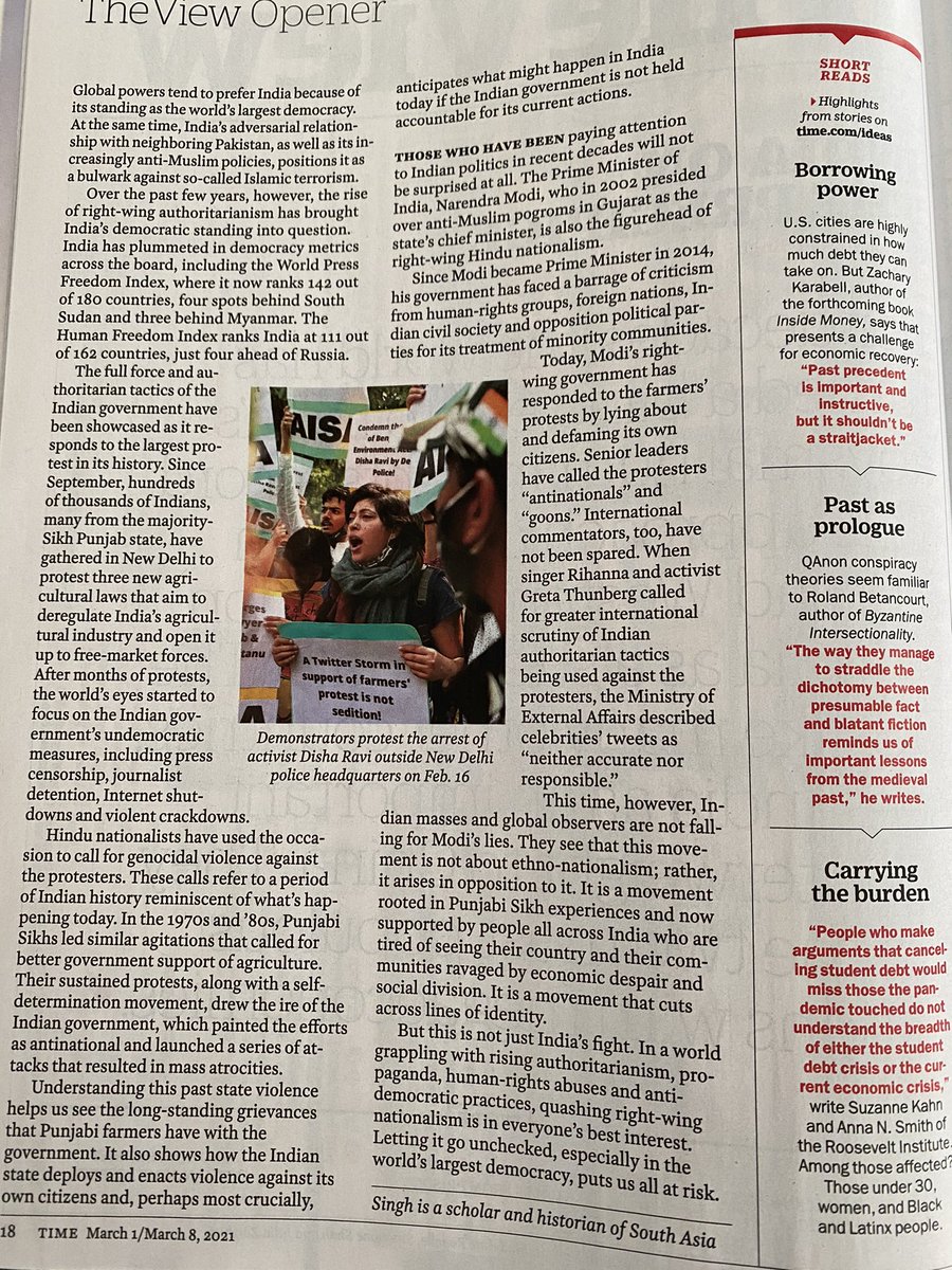 simran's tweet photo. My essay on India's human rights abuses in response to the Farmers Protest in the latest print edition of TIME Magazine.

Digital version here: https://t.co/TVKdQSSl0W https://t.co/gSVcIuzJ9l