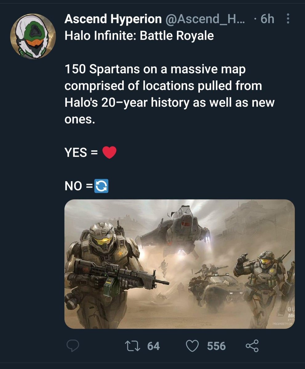 RePeR392's tweet photo. I want this to happen. People say that the game would be ruined if they with a BR mode. What do you guys think? 

@Bungie @343IndustriesFS 
#haloinfinite #battleroyal #fps #343industries #Halo https://t.co/67wutJqpGV