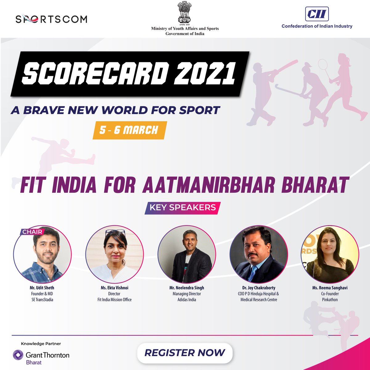 Join us at 11:45 am on 6th March to watch leaders from the Indian Sports and Health sector, as they delve deep and share their brilliant insights on Fit India for #AatmanirbharBharat. 
Register Today -
 ciihive.in/Login.aspx?Eve… 
#CIIScorecard2021 #ABraveNewWorldForSport #sportsbiz
