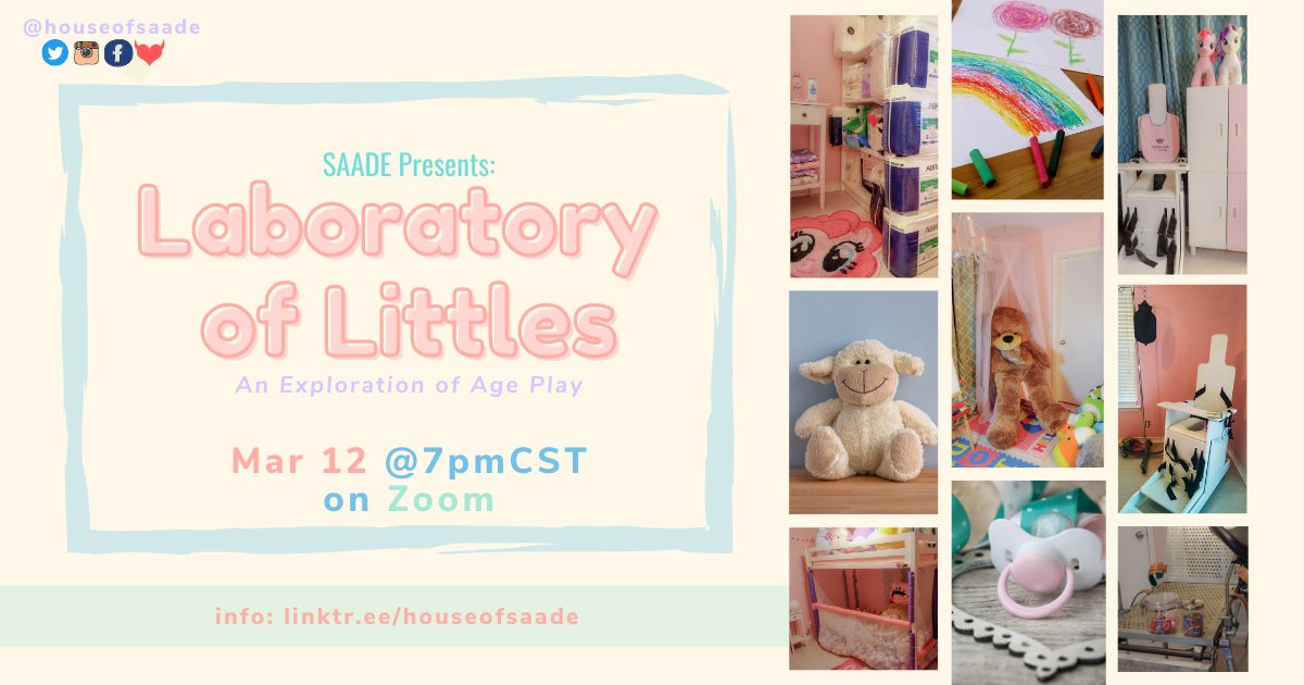 SAADE presents: Laboratory of Littles: An Exploration of Age Play! We'll discuss the spectrum of Age Play, incl. ABDL, Littles, Middles, &amp;more, &amp;how Age Play relates to scenes, dynamics, lifestyles, &amp;community!
Info: linktr.ee/houseofsaade
#ageplaycommunity #abdl #ddlglifestyle