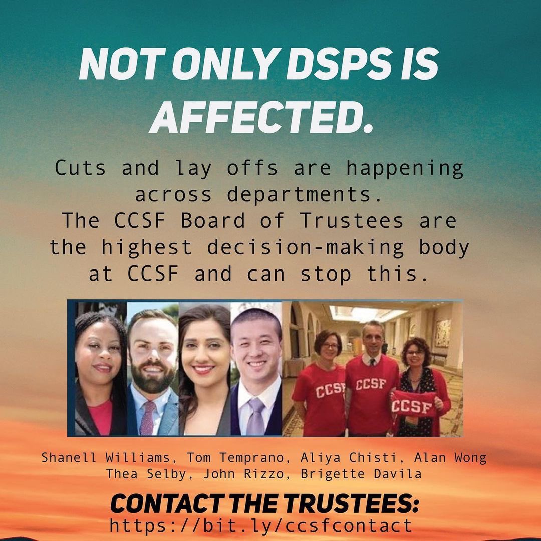 CCSFStudentsays's tweet photo. Please help us. Disable Student Programs &amp; Services cannot be gutted.

How is cutting essential services to our students going to close the equity achievement gap? #ccsf #citycollege #sf @OfficialCCSF https://t.co/G0OuAV1v8Z