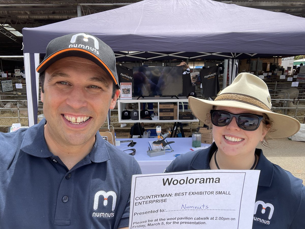 NumnutsDevice's tweet photo. Thankyou @woolorama 2 Awards 🏆 in 2years. A great reaction from #WA #woolproducers first few hours of the show. Lots of conversations about the #sheep industry moving forward progressively with #painrelief at #lambmarking. With @harvestaire_pty and neighbours  @LivestockLeader https://t.co/gXvG7J0wmv