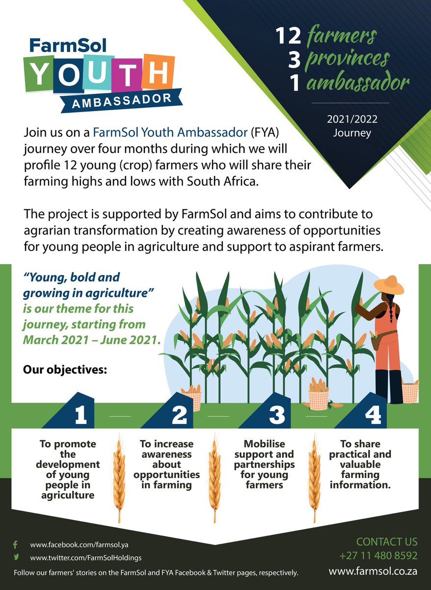 FarmSolHoldings's tweet photo. 12 farmers. 3 provinces. 1 ambassador.
Join us on a #FarmSol Youth Ambassador (FYA) journey over four months during which we will profile 12 young (crop) farmers who will share their farming highs and lows with South Africa. #agriculture https://t.co/eGtOTcLpNs