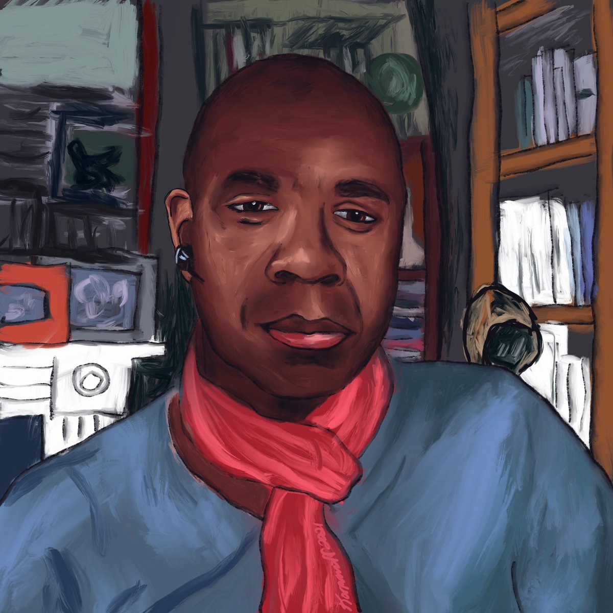 CKorpanoff's tweet photo. I had such fun doing this weeks portrait.  What an amazing sitter @CliveMyrieBBC was!  And I loved doing the background!  Here’s my digital painting.
#mypaotw #skyportraitartistoftheyear #skytv https://t.co/HbJLNYpVwT