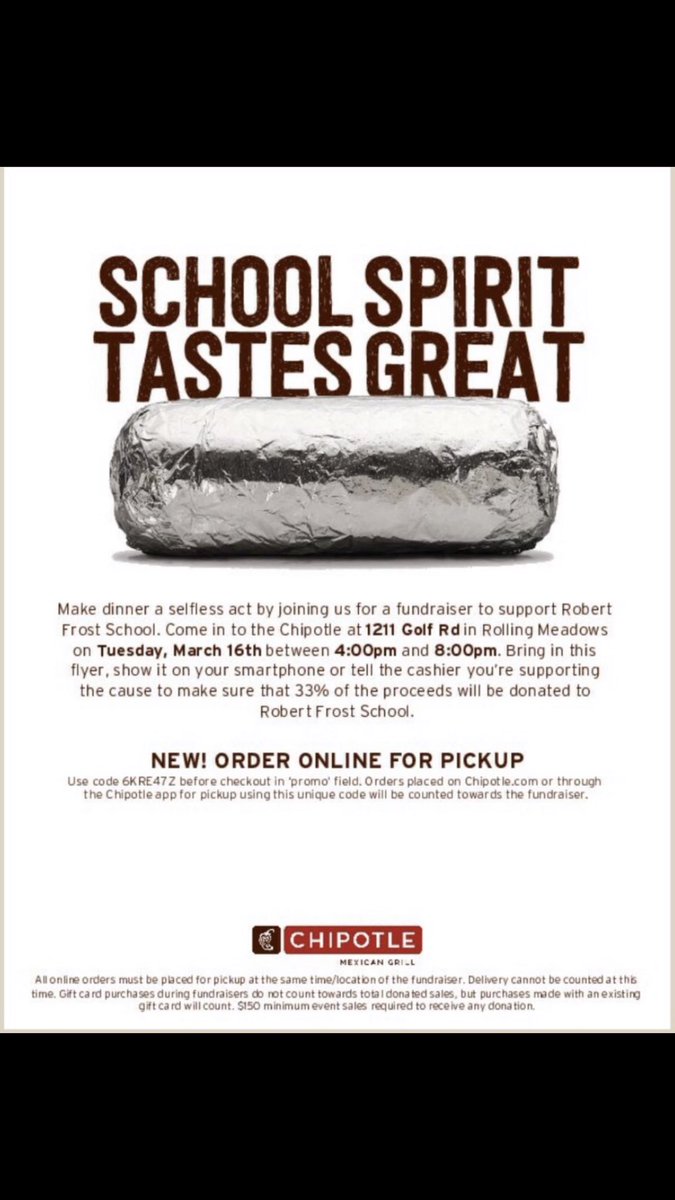 FrostPTOCCSD59's tweet photo. Why cook when you can Chipotle...Restaurant night is around the corner Robert Frost! https://t.co/w1gJbm0uJ2