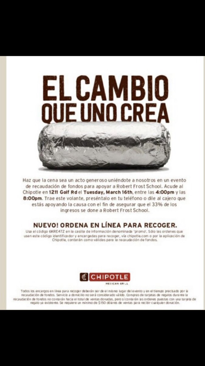 FrostPTOCCSD59's tweet photo. Why cook when you can Chipotle...Restaurant night is around the corner Robert Frost! https://t.co/w1gJbm0uJ2