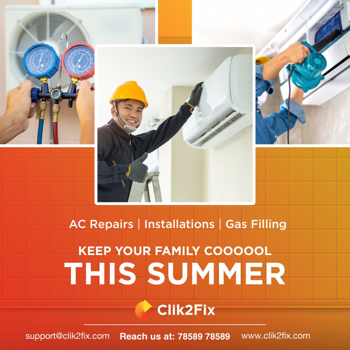 clik2fix's tweet image. Book AC Repairs and Servicing with Clik2fix today.  Visit Clik2fix.com or Simply Call us @ 78589 78589 #ACRepairs #WeFixThings #Hyderabad #Summer
