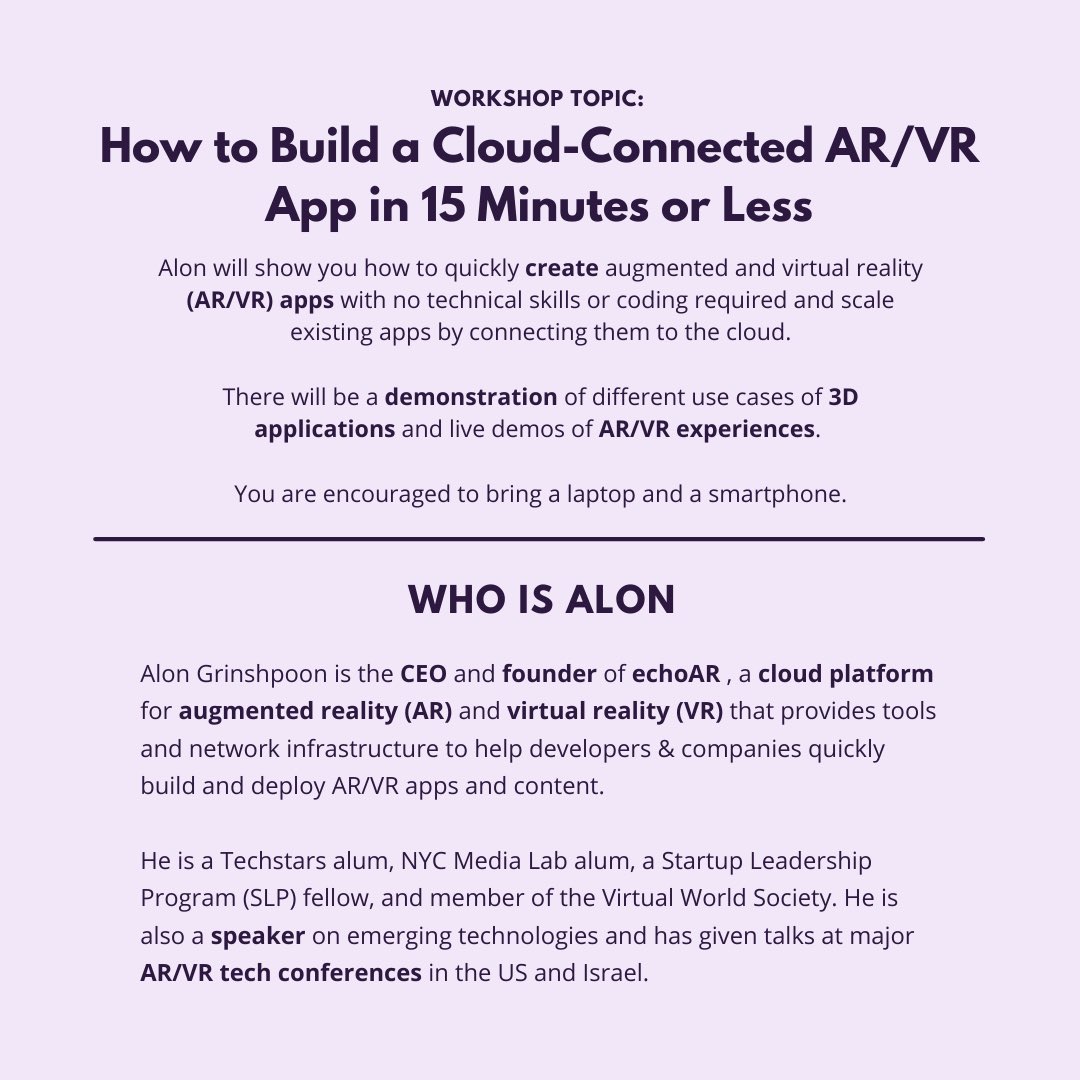 SF_Hacks's tweet photo. Announcing our ~How to Build a Cloud-Connected AR/VR App in 15 Minutes or Less~ workshop which will be taking place during SF Hacks 2021! This workshop will be hosted by Alon Grinshpoon from echoAR! Swipe to learn more about our presenter and the workshop topic. 👩‍💻🧑‍💻🐊 
#sfhacks https://t.co/75DG9hiAog