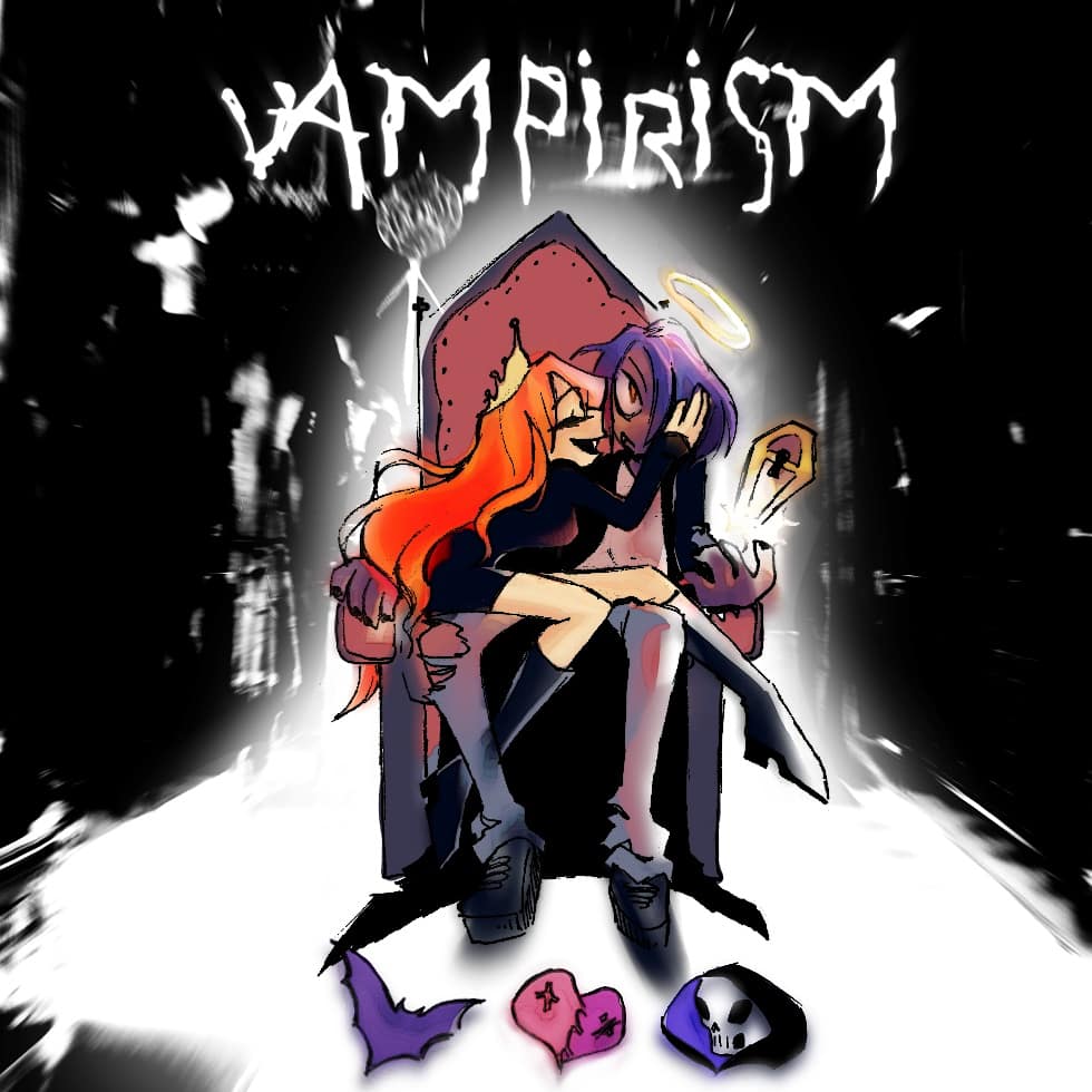 jeremivhx's tweet photo. {{VAMPIRISM}} is Øut Now &amp; Streaming Everywhere! 🦇💔☠™

here's a story about me trying to find the one who bit me, &amp; how i fell in løve with her when we finally met.. </3 

band: @damklvn
artwørk by. @girlmewtwo
#damklvn  https://t.co/uzR4wEFoZ6 https://t.co/k7x5PtUlS1