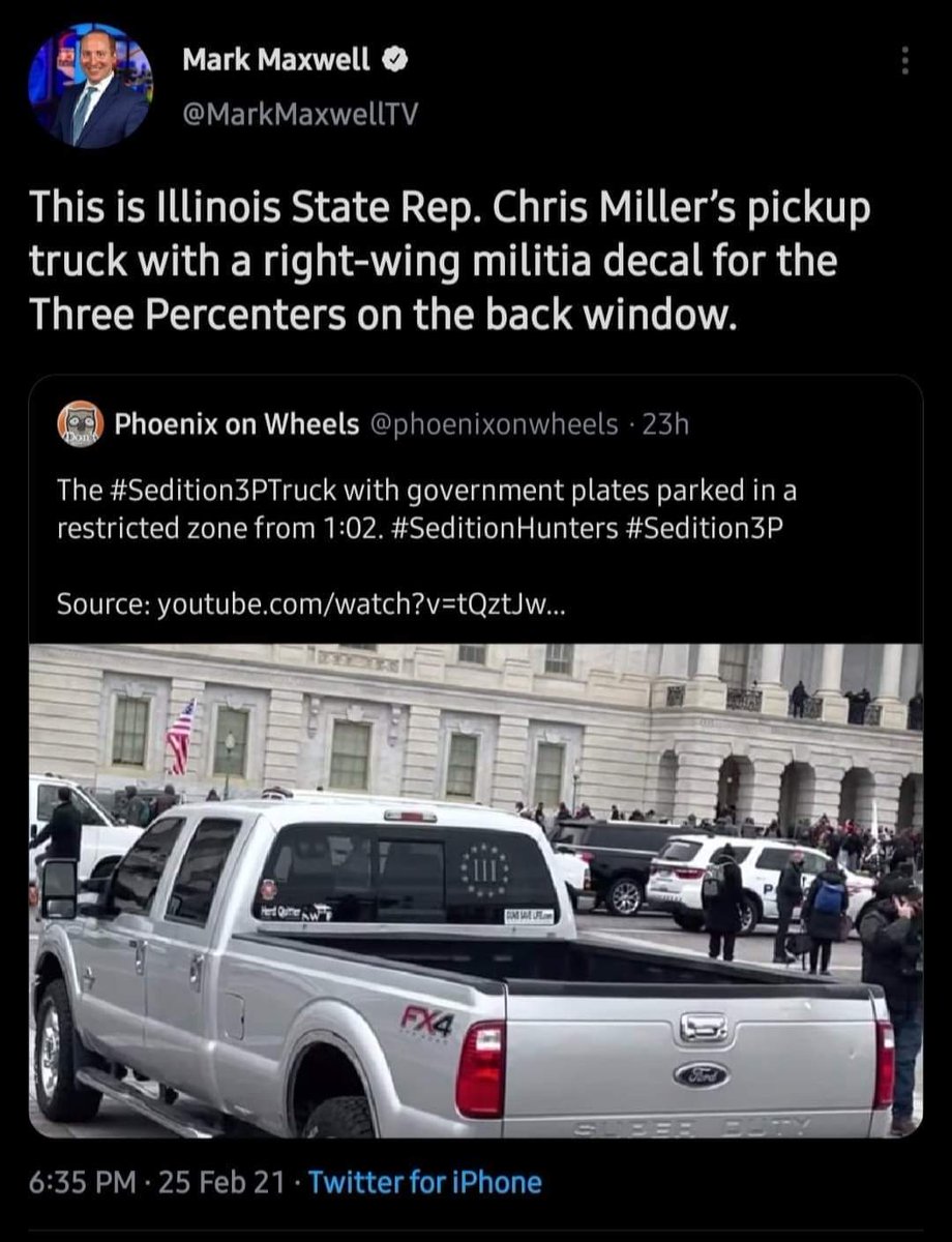 therealkodyc's tweet photo. @TheDailyShow You should consider @RepMaryMiller for a future "fringe-watching" segment. Her husband, an IL state rep, parked his truck with a III%ers decal at the Capitol during the insurrection. They're dangerous and deserve your attention 📣📣 https://t.co/SweWb7dFc5