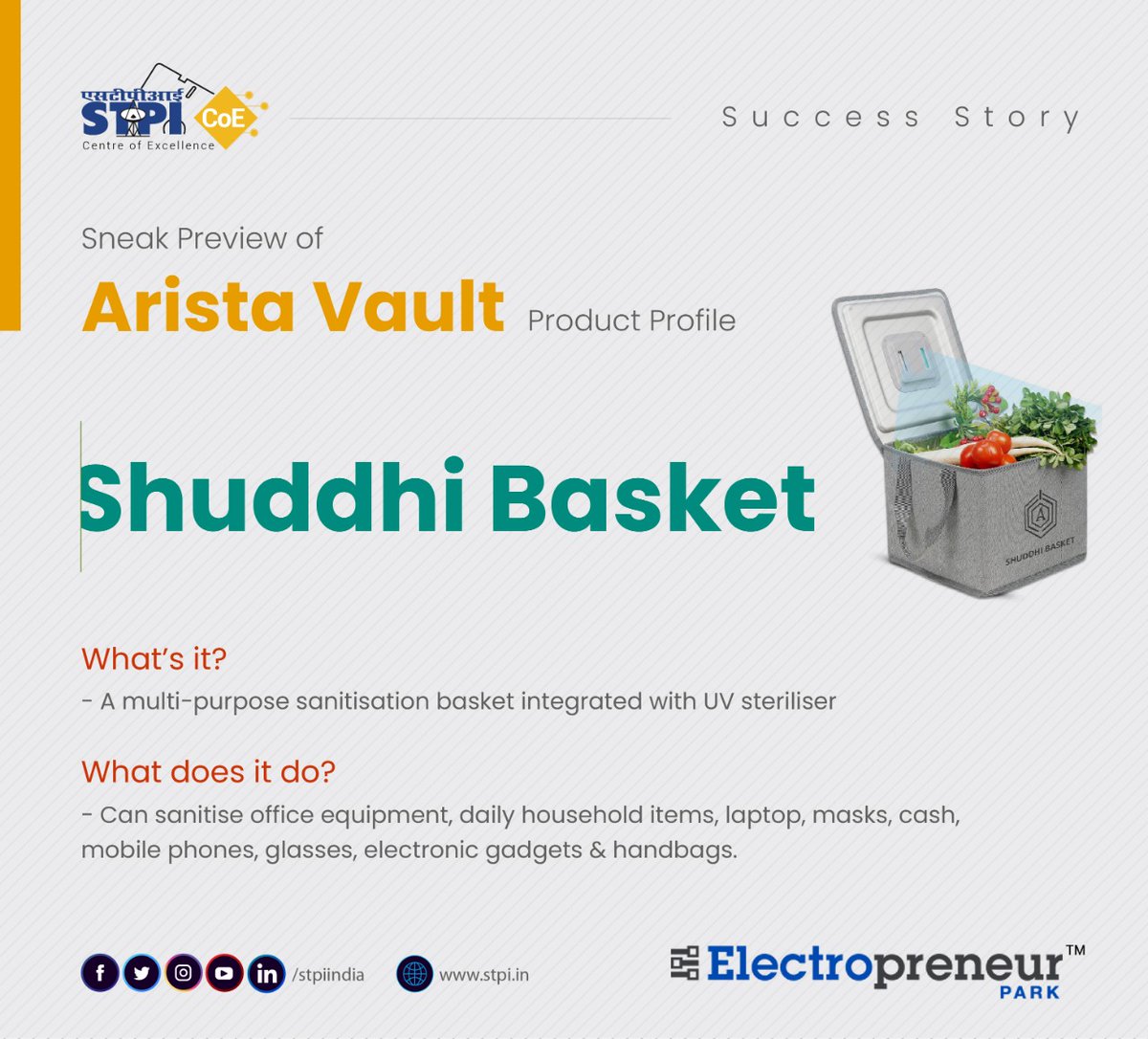 stpiindia's tweet photo. The multi-purpose sanitisation basket with UV steriliser developed by @AristaVault, an incubatee of #STPIEP, can sanitise office equipment, daily household items, laptop, masks, cash, mobile phones, glasses, electronic gadgets &amp; handbags. #STPIINDIA #STPICoEs @electropreneur https://t.co/wg5CoGqRHw