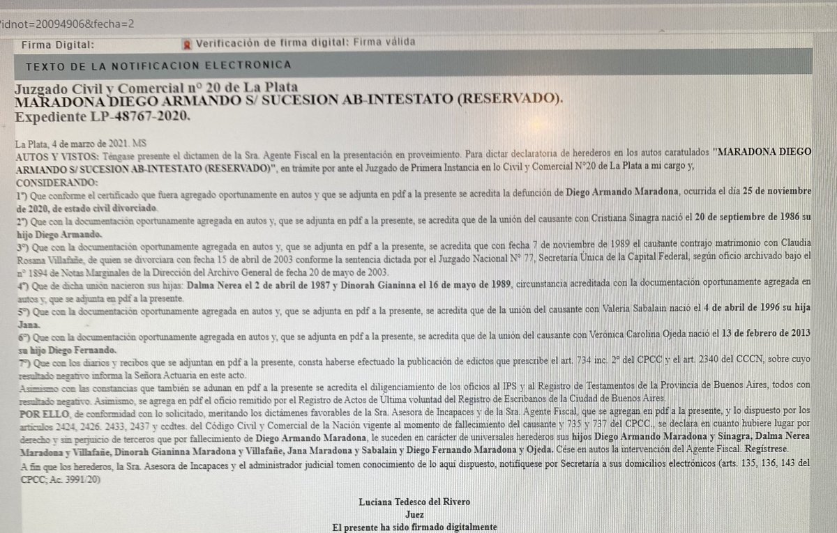 Declaratoria de herederos de Diego Maradona, una etapa terminada, y que le da derecho a Dieguito a salir a recuperar lo que le robaron a Diego #justiciapormaradona