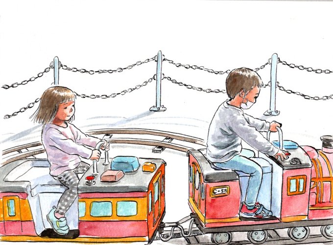 電車に乗る兄妹 小松良佳のイラスト 電車に乗る兄妹 小松良佳のイラスト