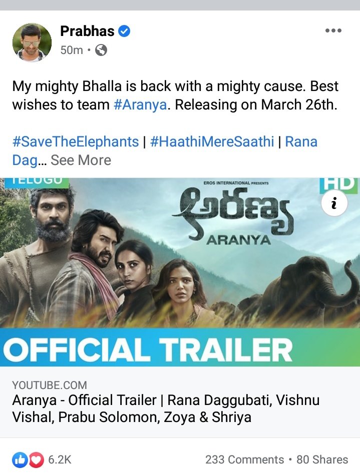 My mighty Bhalla is back with a mighty cause. Best wishes to team #Aranya. Releasing on March 26th ~ #Prabhas via FB 

#SaveTheElephants  #HaathiMereSaathi  
@RanaDaggubati