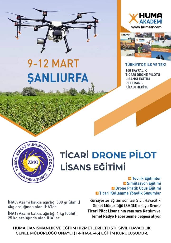 MucellaSaler's tweet photo. #Ziraat Mühendisleri Odası #Şanlıurfa Şubesi olarak #Huma Akademi iş birliği ile 9-12 Mart 2021 Ticari #drone  #Pilotu 
Eğitim Ücreti: İHA1: 700 TL (KDV dahil)
(4 gün- 9-10-11-12 #Mart 
İLETİŞİM: 0549 727 4835 @abdullahmelik5 @TMMOBZMO @TCTarim https://t.co/3riay05Dfl