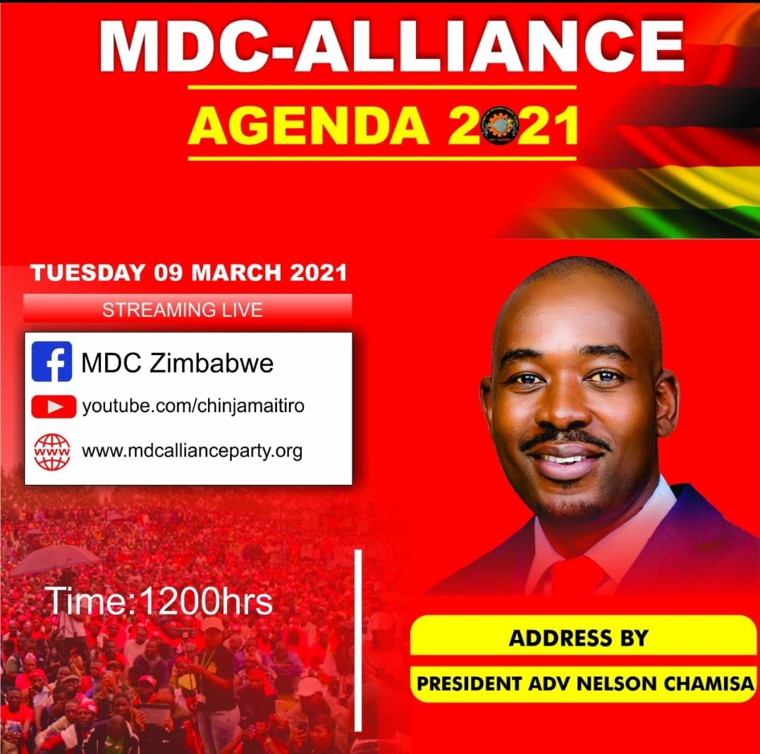 CCCZimbabwe's tweet photo. On the 9th of March 2021, President @nelsonchamisa will deliver the party's #Agenda2021 address which will be streamed live on all our channels. Tune in as we chart the course to win Zimbabwe for change!🇿🇼 https://t.co/QU8w5OxpJF