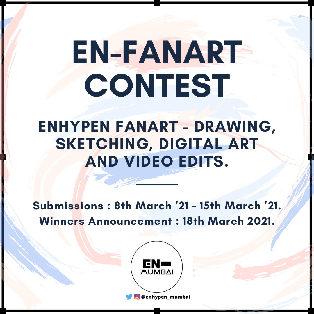 enhypen_mumbai's tweet photo. Event Alert!!🚨
 EN-FANART CONTEST

  CATEGORIES:
Drawing, Sketching, Digital Art, Video edits.
 
  PARTICIPATION DATES:
 8th - 15th March, 2021.

  WINNERS ANNOUNCEMENT: 
  18th Match, 2021.

  WHY THIS EVENT?
To celebrate 6 months to @enhypen and 6 months to @enhypen_mumbai. https://t.co/ZwUGLyTB5M