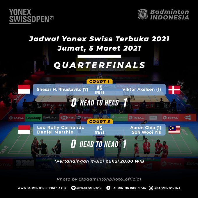 Jadwal Perempat Final Swiss Open 2021 untuk wakil Indonesia