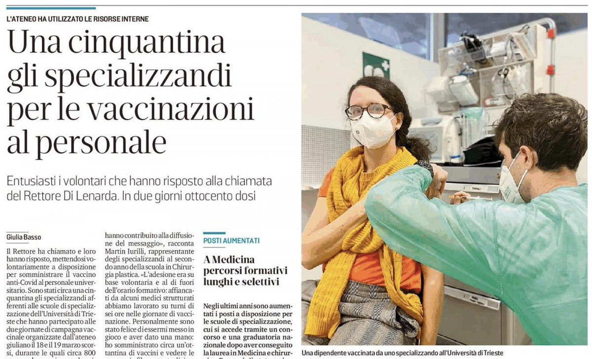 Università di Trieste (@unitrieste) on Twitter photo Il Rettore ha chiamato e gli specializzandi hanno subito risposto, mettendosi volontariamente a disposizione per somministrare il vaccino anti-Covid al personale di UniTS, prima università in Italia a fare la campagna vaccinale.
L'articolo completo su <a href="/il_piccolo/">Il Piccolo</a> oggi in edicola Il Rettore ha chiamato e gli specializzandi hanno subito risposto, mettendosi volontariamente a disposizione per somministrare il vaccino anti-Covid al personale di UniTS, prima università in Italia a fare la campagna vaccinale.
L'articolo completo su <a href="/il_piccolo/">Il Piccolo</a> oggi in edicola