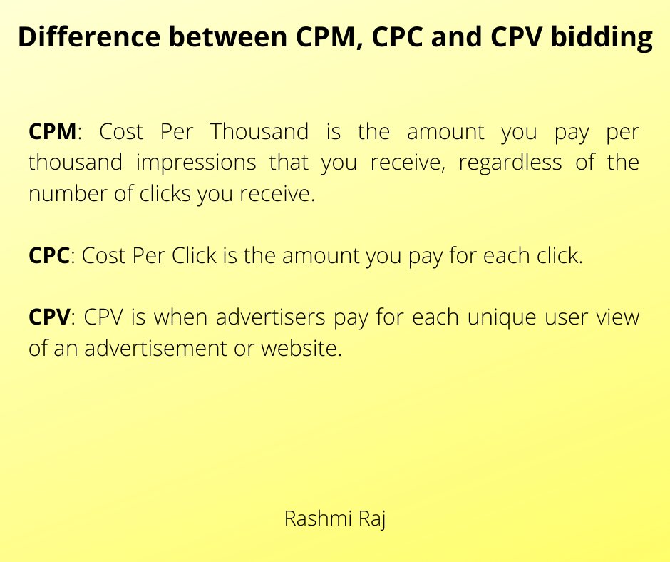 digitalgrasp's tweet photo. Difference between #CPM, #CPC &amp; #CPV bidding https://t.co/pP1cTGelz8