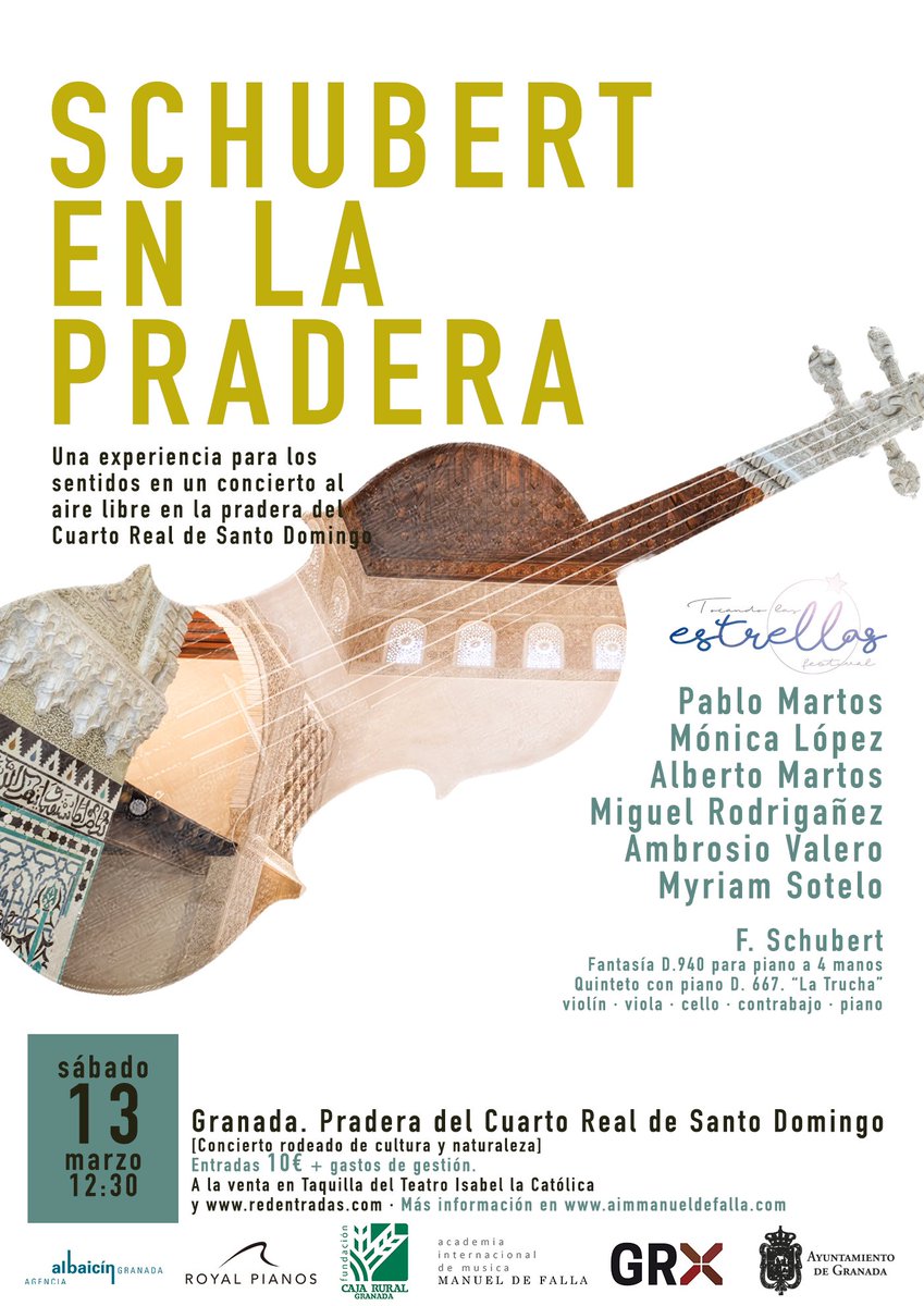 Hola amigos, 🌟🎶 os gustaría escuchar musica de Schubert en los jardines del Cuarto Real de Santo Domingo? 
Tocaremos la Fantasía en fa menor de Schubert y “LA TRUCHA” 🐟 🤗.

Será el sábado 13 a las 12:30. Gracias como siempre por vuestro apoyo. 🎟 aqui: bit.ly/SchubertEnLaPr…