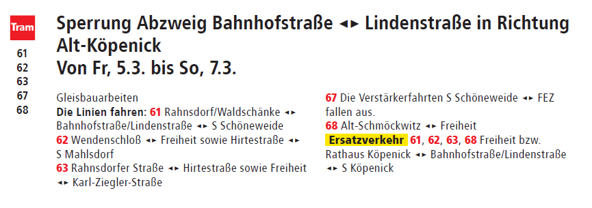 BVG_Tram's tweet photo. 61: Noch bis 7.3.21 Sperrung Abzweig Bahnhofstr. ↔ Lindenstr. in Richtung
Alt-Köpenick. Die 61 fährt Rahnsdorf/Waldschänke ↔ Bahnhofstr./Lindenstr. ↔ S Schöneweide. Ersatzverkehr 61, 62, 63, 68 Freiheit bzw. Rathaus Köpenick ↔ Bahnhofstr./Lindenstr. ↔ S Köpenick. #BVG https://t.co/1pl6f8NPoX