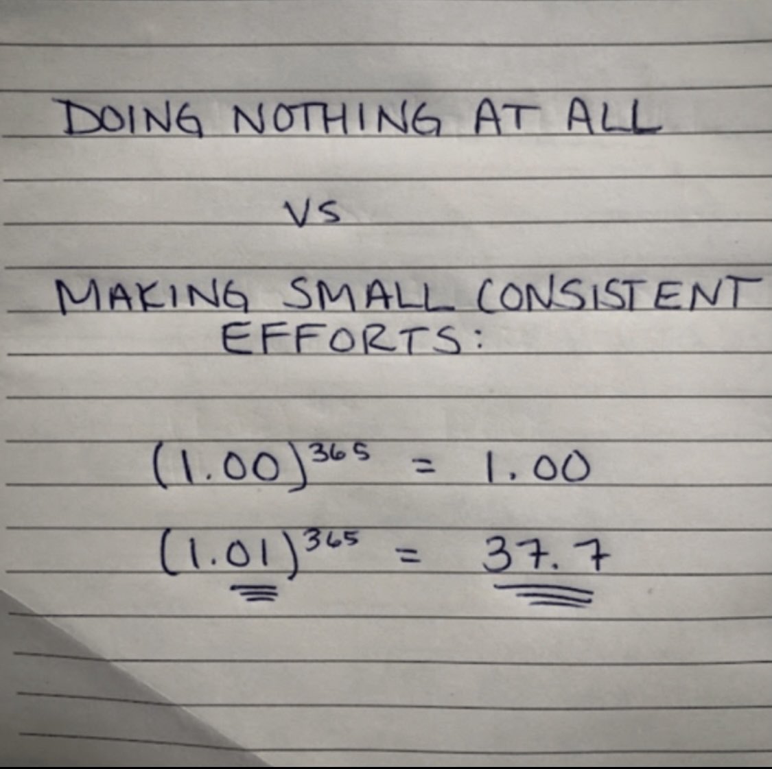 Just improve something 1% today. 
Just move the ball a little forward. 
Just start open the book 
Just start the project... never mind, just get the tools! 

If you can improve 1% a day. You can 37X in a year 💪