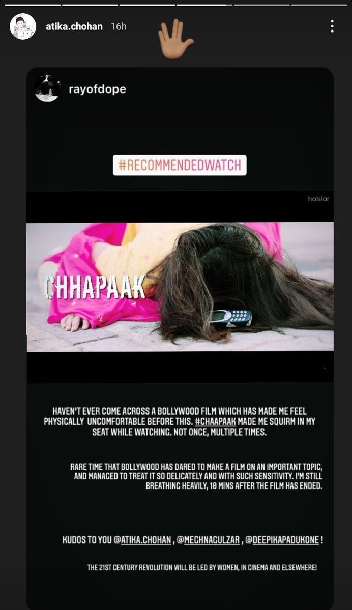 [Instagram] Atika Chohan (co-writer of #Chhapaak) shared this via her story : #RecommendedWatch