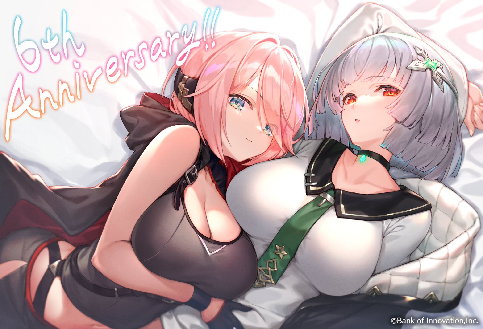 幻獣契約クリプトラクト 10万dl突破 先週に引き続き デザイナーさんから頂戴いたしました 6周年記念のイラスト を公開いたします 1枚目は バレットさんとガラテアさんのツーショットです お二人はそれぞれ共通してウロボロスの手から逃れるために旅