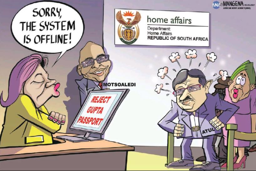 IOL's tweet photo. Today's cartoon by @Mangenatoons #Atulgupta #gupta #HomeAffairs #SouthAfrica #systemoffline #aaronmotsoaledi #passport #controversial https://t.co/7KI6soVqlV