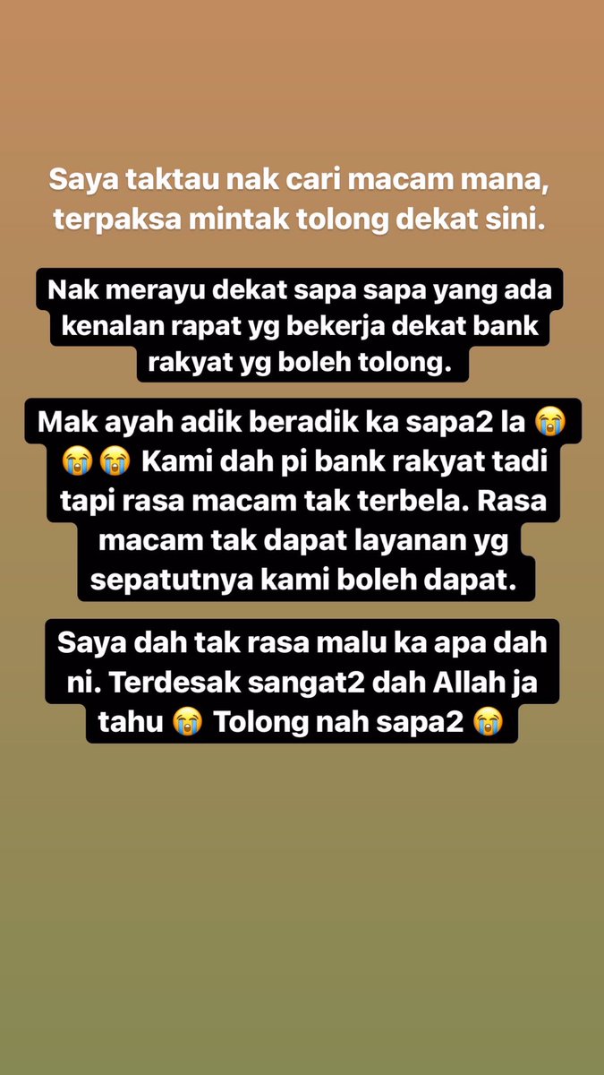 SityMasturah's tweet photo. Nak mintak tolong sebar sebarkan. Saya tengah cari orang yang boleh tolong saya settlekan urusan dekat bank rakyat. Ahli keluarga saya teraniaya, rugi RM15k. Duit adik saya yang dia kumpul sejak kecik 😭😭

@brgsjks @meccaelbernardi @MaisarahMahmud @ImanAbdulRahim @DrBeniRusani https://t.co/1Jni49aFta