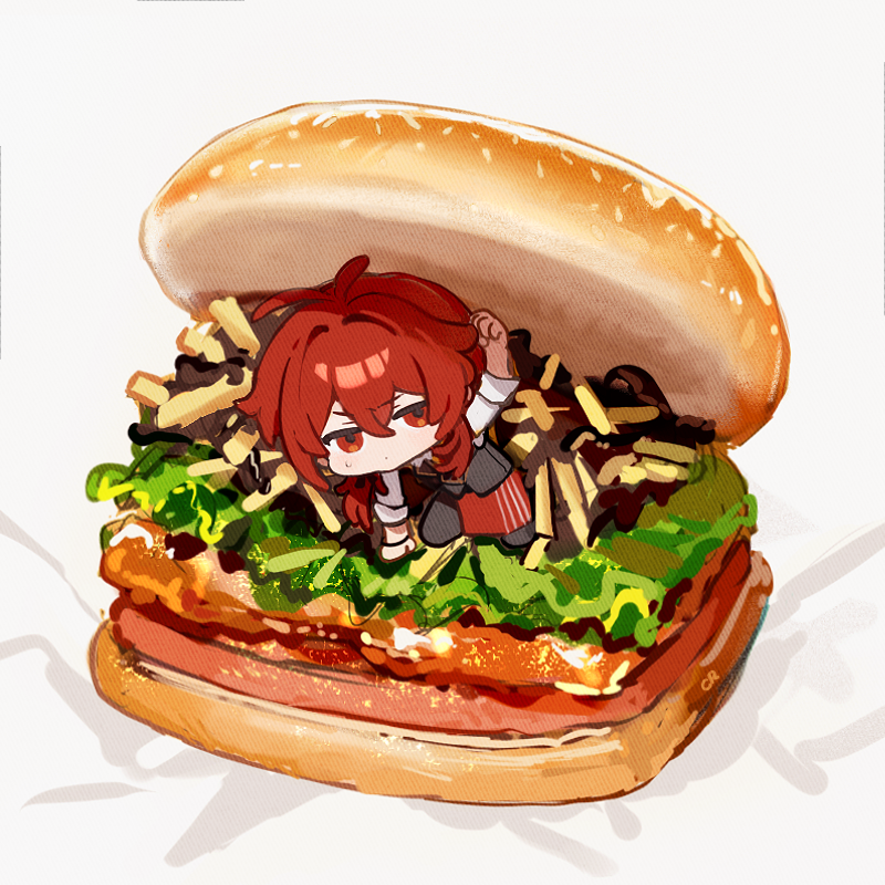diluc (genshin impact) 1boy red hair food male focus burger red eyes solo  illustration images