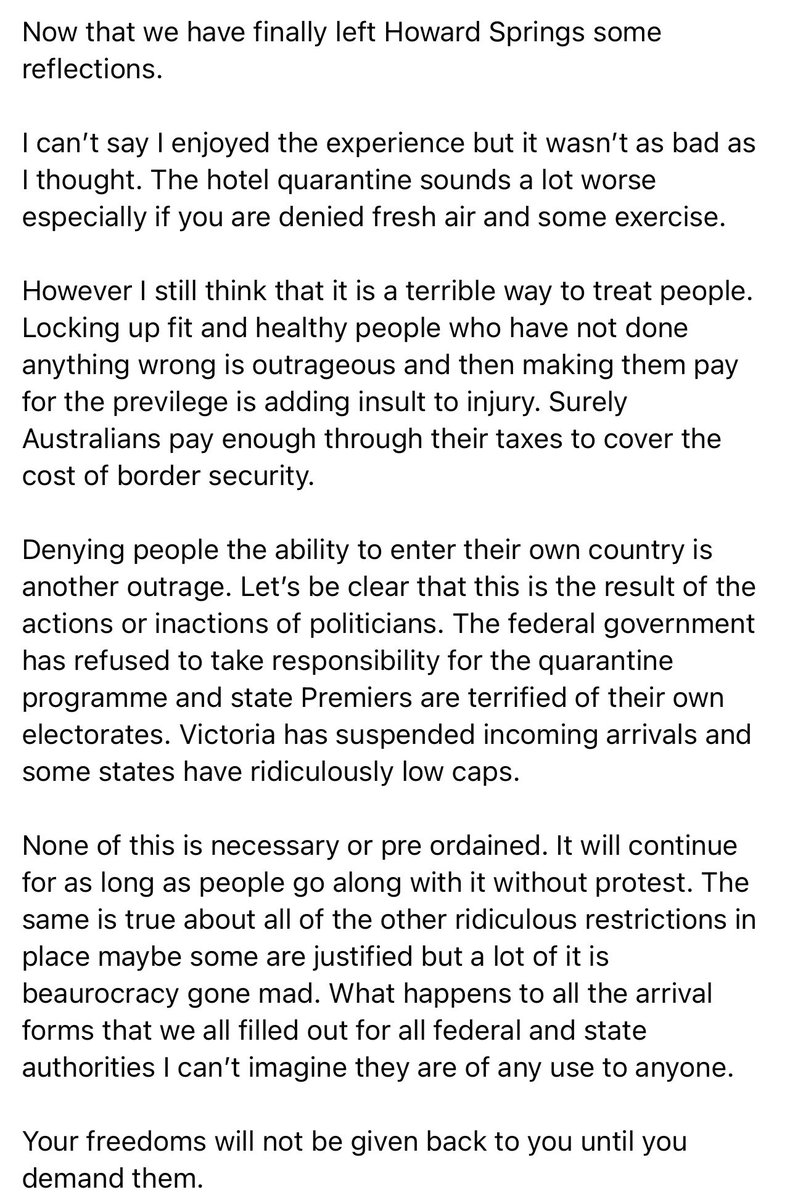 d_man_london's tweet image. Having just completed quarantine for 14 days these are my thoughts. In years to come people will look back on this era and think we were totally mad #covid19 #covidquarantine #howardsprings #endthelockdown #endtherestrictions #noquarantine