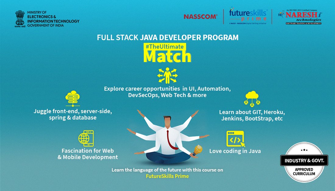 fsprimeofficial's tweet photo. Upskill in all layers of application development with this instructor-led training course for becoming a full stack developer. Get started with the Full Stack Java Developer Program by Naresh i Technologies on #FutureSkillsPrime. #TheUltimateMatch for you. https://t.co/BQf7yWxL7w https://t.co/NOfPAhgCkd