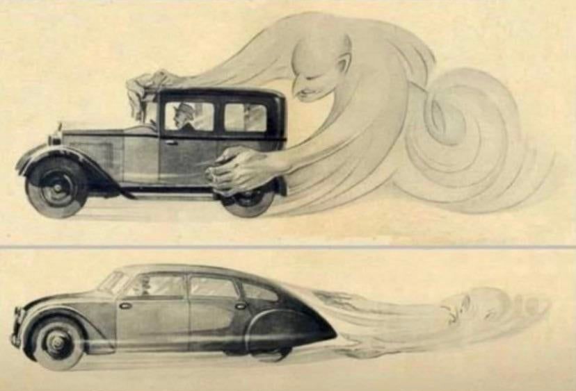An advertisement in the 1930s showing the aerodynamics of a new car design! bit.ly/3rvHalK