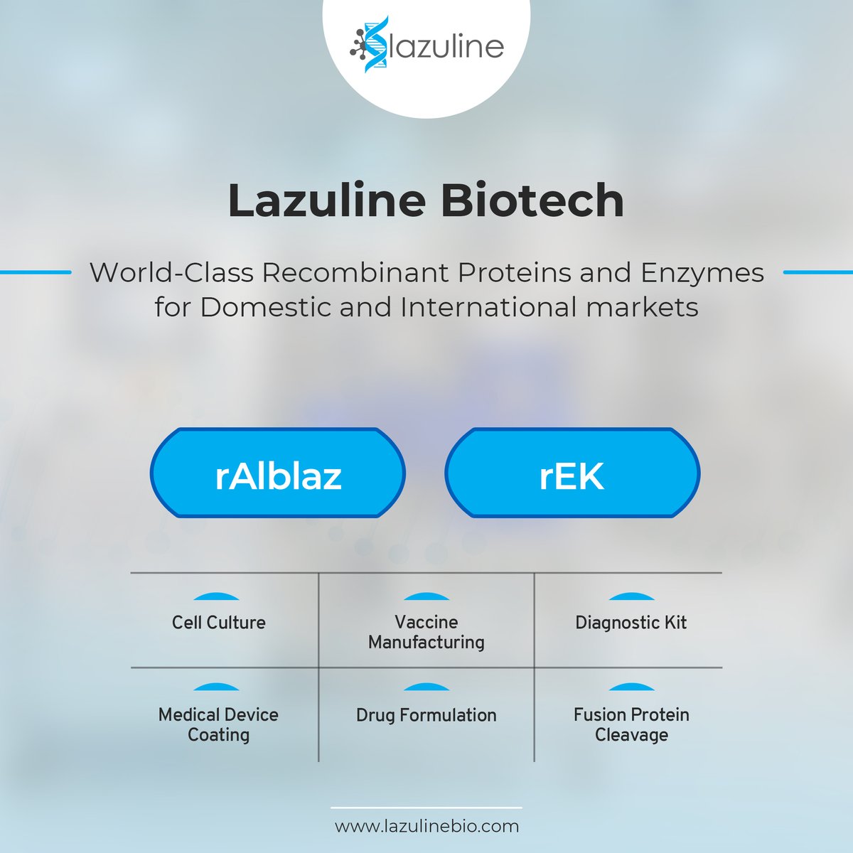 LazulineBiotech's tweet photo. Lazuline Biotech is a research driven #biotechnology company committed to developing innovative alternatives for a safer healthcare experience. Please visit our website https://t.co/IWKnb7L2dM to understand about our Recombinant #Albumin &amp; Enterokinase.
#research #biosimilars https://t.co/AuIPT1QXZs