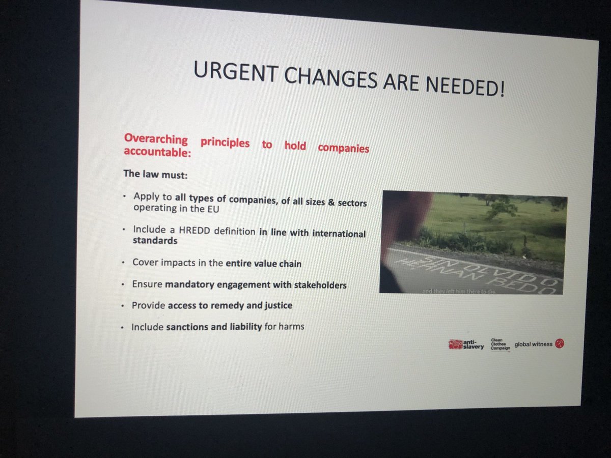 Important points made by ⁦@Anti_Slavery⁩ ⁦@chloe_cranston⁩ re #EU law ⁦@EU_Commission⁩ ⁦@dreynders⁩ about what proposed #mHREDD should cover ⁦@Global_Witness⁩ ⁦@cleanclothes⁩